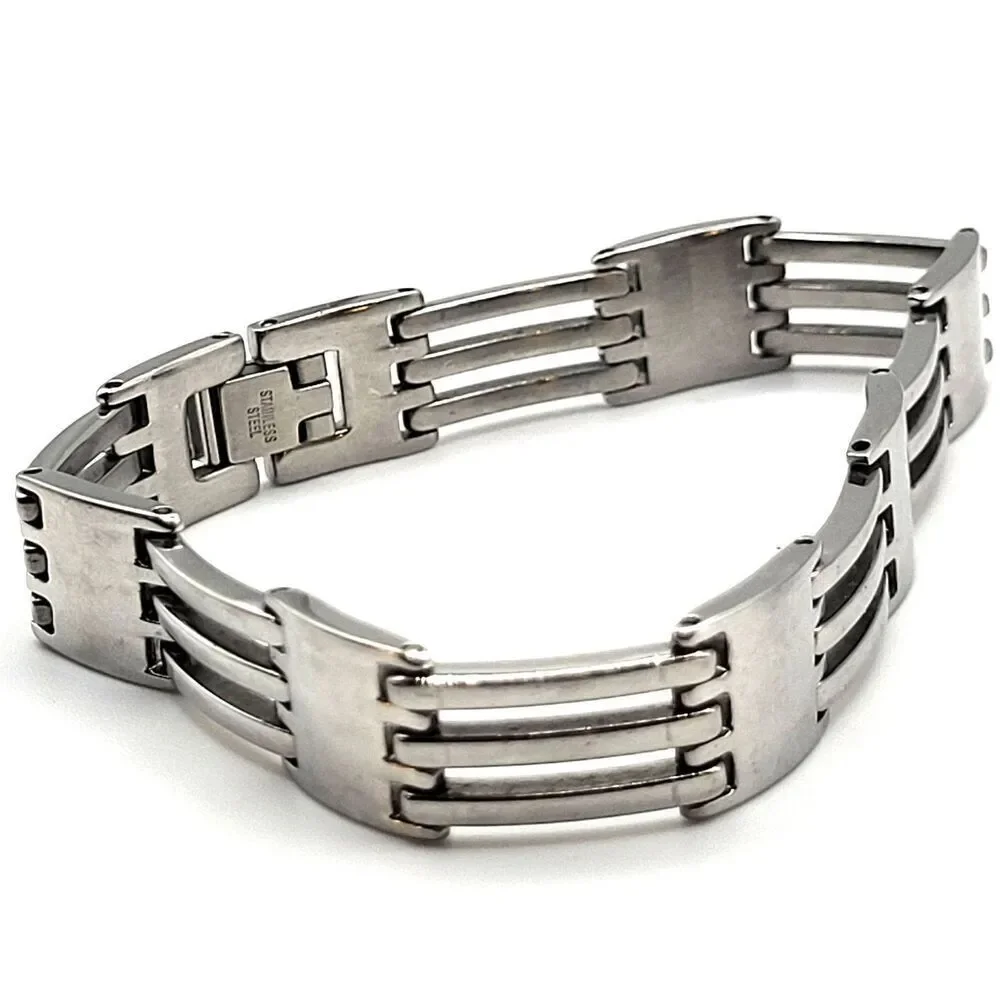 Sabrina Silver Stainless Steel Bar Bracelet Men, 5/8 inch Wide 8 1/2 inch long